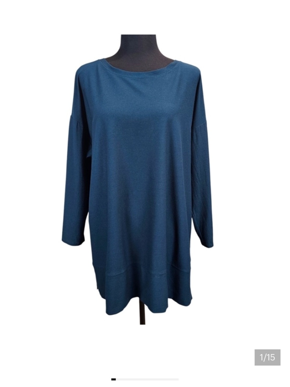 Eileen Fisher Womens Tunic Top Medium Teal Relaxed Stretchy 3/4 Sleeve Office